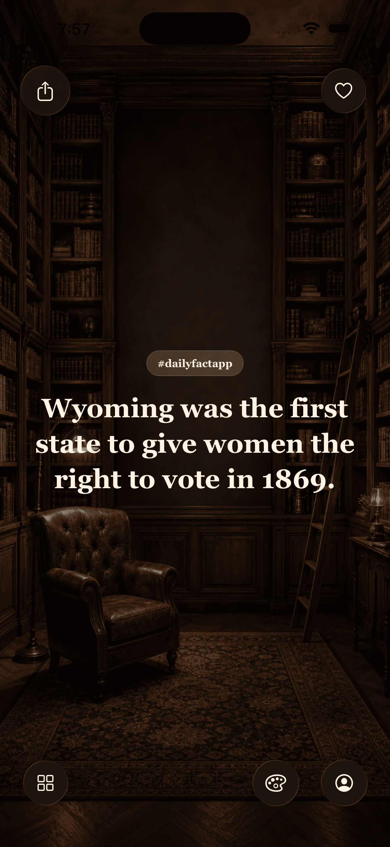 DailyFact showing a history fact in a library theme